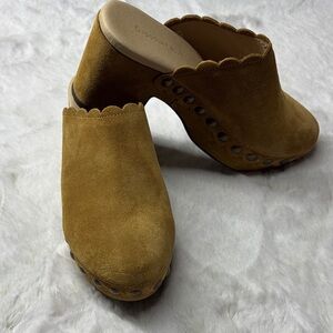 Chocolat Blu Scalloped Suede Clog Mules in Mustard Brown